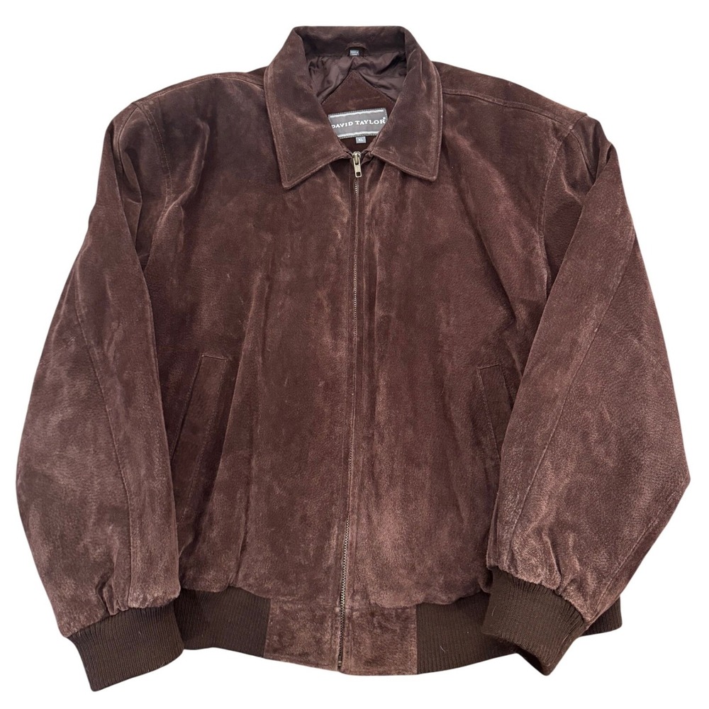 David Taylor Mens XL Brown Genuine Leather Suede Bomber Jacket Full Zip Quilted